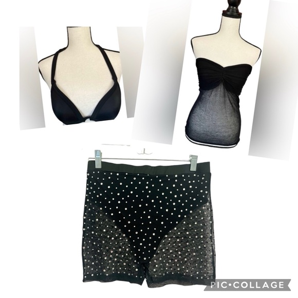 3 PC SET SEPARATES RHINESTONE MESH  SHORTS / MESH TUBE  / PINK SWIM TOP - Picture 1 of 7